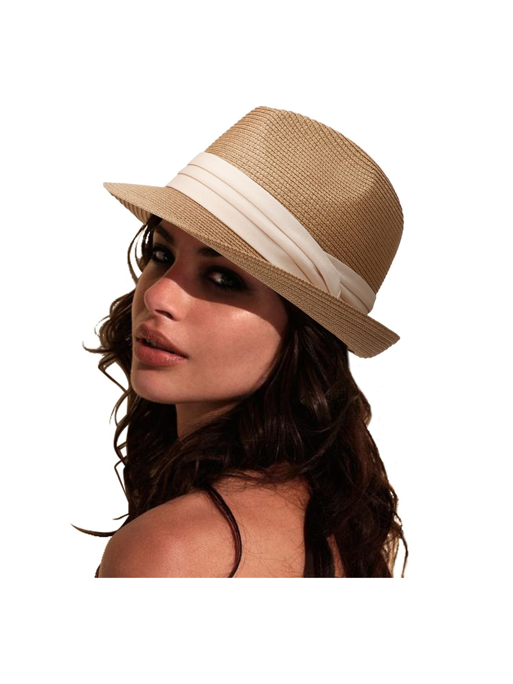 Women Straw Sun Hat Short Brim Panama Travel Fedora Summer Hat | Tan | Size OS